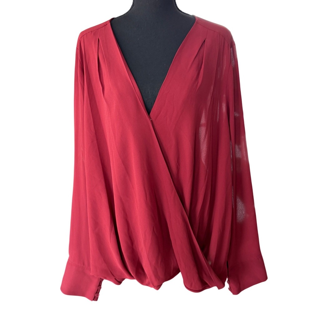 Halogen Faux Wrap V Neck Long Sleeve Blouse Top Size 3X Red Office Sophisticated